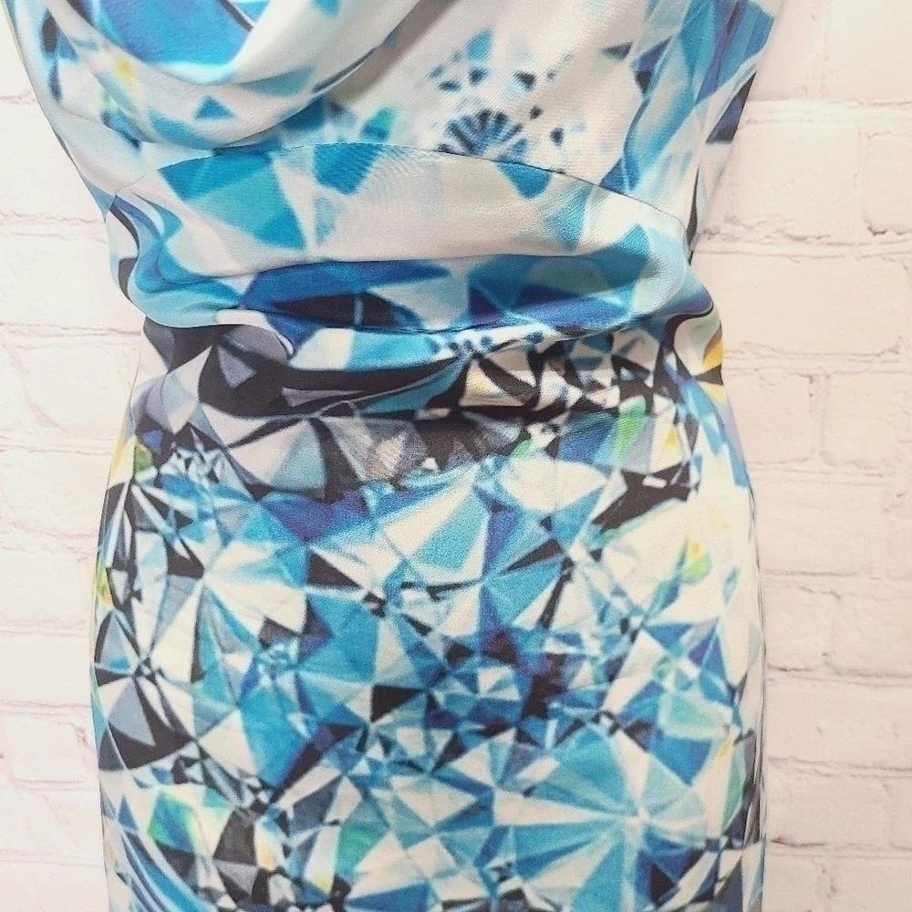 Magaschoni New York Blue Geometric Diamond Print 100% Silk Cowl Neck Dress 2 - Picture 4 of 9